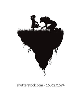 Vector silhouette of piece of land with gardener on white background. Symbol of people and planet.
