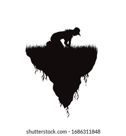 Vector silhouette of piece of land with gardener on white background. Symbol of people and planet.