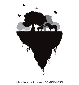 Vector silhouette of piece of land with horse and flying butterflies on white background. Symbol of nature and planet.