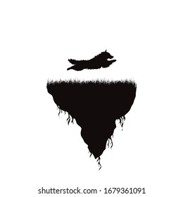 Vector silhouette of piece of land with jumping dog on white background. Symbol of nature and planet.