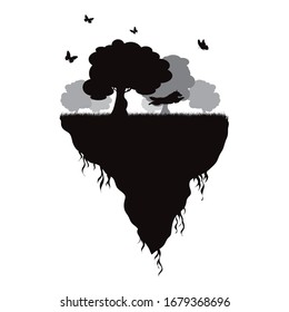 Vector silhouette of piece of land with jumping dog and flying butterflies on white background. Symbol of nature and planet.