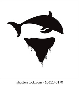 Vektorsilhouette eines Stück Land mit springendem Delphin auf weißem Hintergrund. Symbol der Natur und des Planeten.