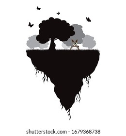 Vector silhouette of piece of land with rabbit and flying butterflies on white background. Symbol of nature and planet.
