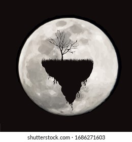 Vector silhouette of piece of land with tree on moon background. Symbol of night.