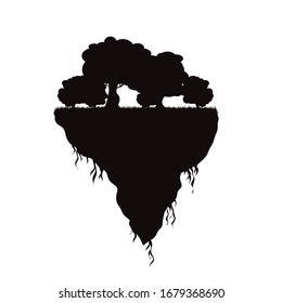 Vector silhouette of piece of land with trees on white background. Symbol of nature and planet.