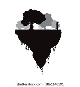 Vector silhouette of piece of land with trees and suricate on white background. Symbol of nature and planet.