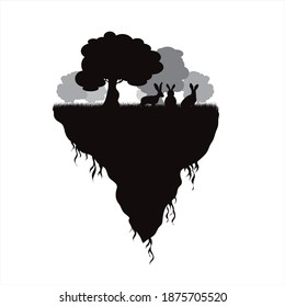 Vektorsilhouette von Stück Land mit Bäumen und Hasen auf weißem Hintergrund. Symbol der Natur und des Planeten.