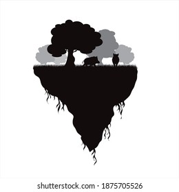 Vector silhouette of piece of land with trees and wild boar on white background. Symbol of nature and planet.