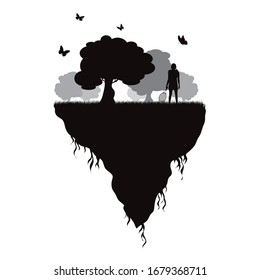 Vector silhouette of piece of land with woman playing tennis and flying butterflies on white background. Symbol of nature and planet.