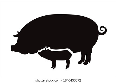 Vektorsilhouette des Schweins mit Baby auf weißem Hintergrund. Symbol der Nutztiere.