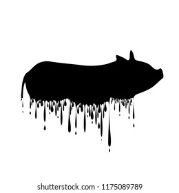 Vector silhouette of pig with drops on white background.