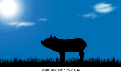 Vector silhouette of pig on meadow at sunny day.