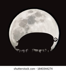 Vector silhouette of pig on moon background. Symbol of night and farm animals.