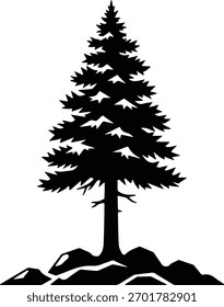 Vector silhouette of a pine tree on rocks illustration