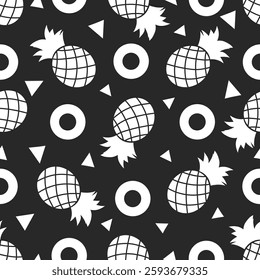 Vector silhouette pineapple seamless pattern. Endless repeatable pineapples texture background for textile fabric prints wallpaper backgrounds or any else. White pineapple texture on dark background.