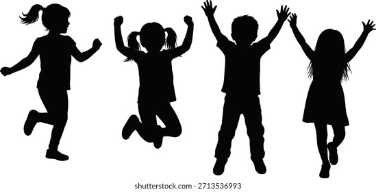 Vector silhouette of playful children jumping and celebrating, perfect for kids’ activity designs, education materials, school posters, or outdoor fun illustrations.