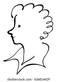 Vector silhouette portrait of little cute boy with curvy hair. Logo design for poster, banner or greeting card for Barber shop, isolated doodle illustration in black color on the white background