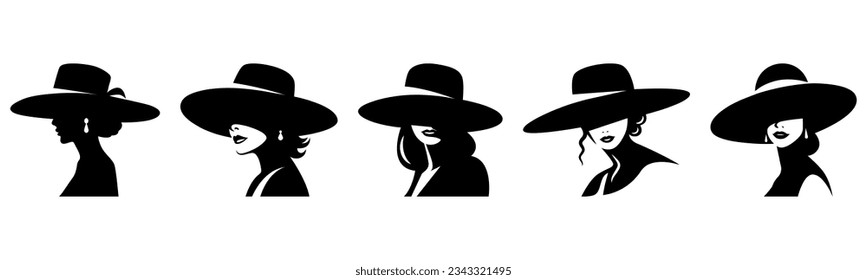 Vector Silhouette Portrait of a Woman in a Hat. Black and White Illustration of a Beautiful Girl, Vintage Cutout Style, Design Template for Logo, Banner, Tattoo etc