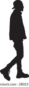 vector, silhouette of Portrait of a young man in street clothes from side view walking