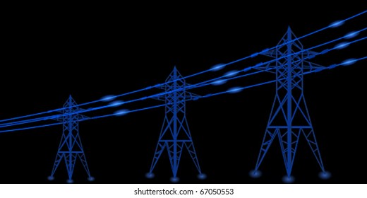 Vector silhouette of power lines and electric pylons