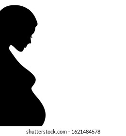 Vector silhouette of a pregnant woman. Beautiful slender girl expecting a baby. Black figure of a profile pregnant woman Isolated on a white background. Happy Character with long hair and eyelashes