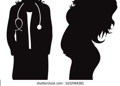 Vector silhouette of pregnant woman with doctor on white background. Symbol of maternity and healthy care.