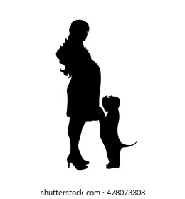Vector silhouette of pregnant woman with dog.