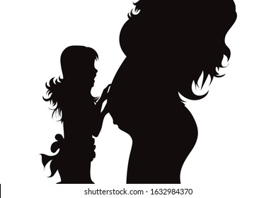 Vector silhouette of pregnant woman with her daughter on white background. Symbol of maternity and family.