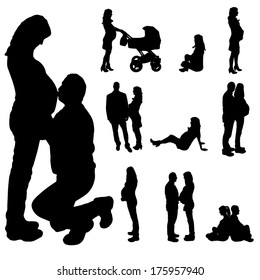 Vector silhouette of a pregnant woman with a man on a white background.