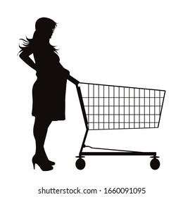 Vector silhouette of pregnant woman push shopping cart on white background. Symbol of shop accessories and sale.