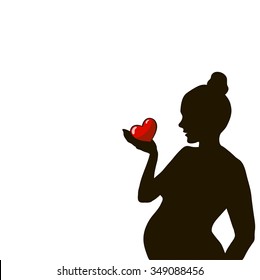 Vector silhouette of a pregnant woman with a red heart in the palm of your hand
