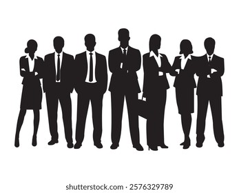 Vector silhouette of a professional business team standing together, symbolizing teamwork, leadership, and corporate collaboration. Ideal for presentations, branding, and corporate designs.