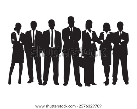 Vector silhouette of a professional business team standing together, symbolizing teamwork, leadership, and corporate collaboration. Ideal for presentations, branding, and corporate designs.