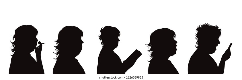 Vector silhouette profile face of obese woman in different pose on white background.