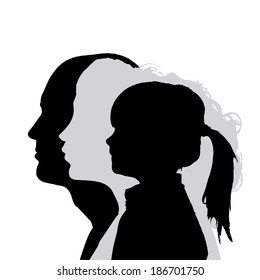 Vector Silhouette Profile Of Family On White Background.