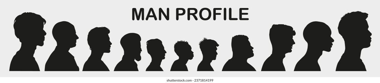 Vector silhouette profile and head of a teenager and an adult male, black color, isolated on a white background. EPS 10.