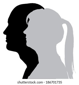 Vector silhouette profile of men and women on white background.