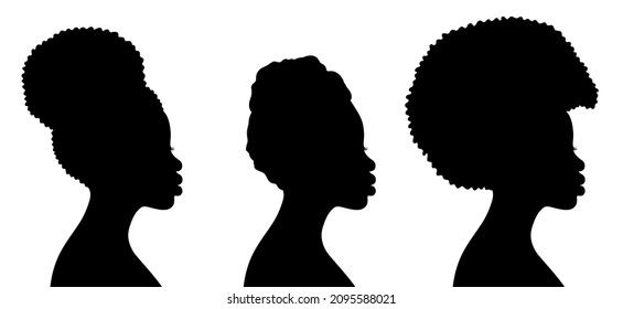 Vector silhouette profile portrait of young african american woman represented with two different hairstyles and with head wrap