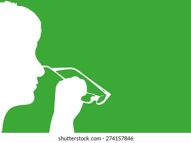Vector silhouette profile of a woman on a green background.