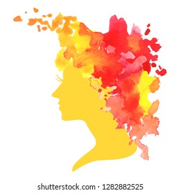 vector silhouette profile of a woman with watercolor hair at white background