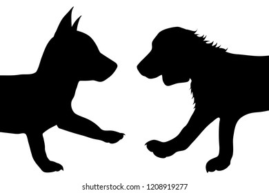Vector silhouette of puppy dog on white background.