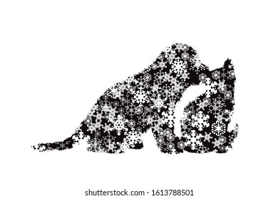 Vector silhouette of puppy with kitty on white background. Symbol of pets animals in winter with snowflakes.