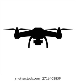Silueta de Vector de un quadcopter con cámara, ícono de drone, símbolo, logotipo de drone. Siluetas de diseños de drones que muestran configuraciones de rotores, estilos de tren de aterrizaje y tecnología Aéreas para vigilancia, Fotografía y Ocio.