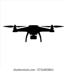 Silueta de Vector de un quadcopter con cámara, ícono de drone, símbolo, logotipo de drone. Siluetas de diseños de drones que muestran configuraciones de rotores, estilos de tren de aterrizaje y tecnología Aéreas para vigilancia, Fotografía y Ocio.