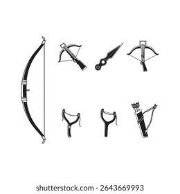 vector silhouette of R P G Game Weapon Icons Set Bow Arrow Crossbow Sling design illustrations
