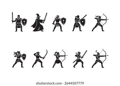 vector silhouette of R P G Game Character Icons Knights Archers Mage Swords Shields