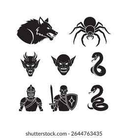 silhueta vetorial de R P G Ícones do jogo Wolf Spider Devil Goblin Knight Snakes