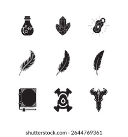 Silueta de Vector de R P G Game Icons Set Cristales Pociones Plumas Libro