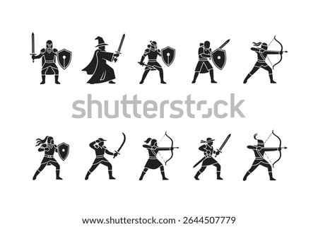 vector silhouette of R P G Game Character Icons Knights Archers Mage Swords Shields