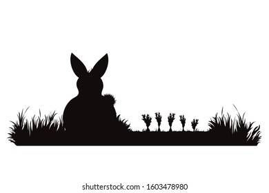 Vector silhouette of rabbit eat carrot on garden. Symbol of animal, field, farm, destroy, corp, pest.